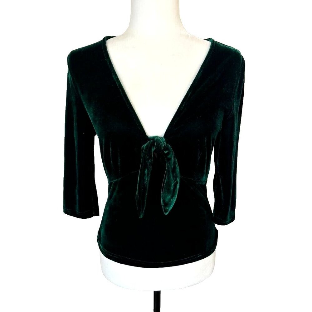 COLLECTIF London Moira Velvet Top Size Small Front Tie Dark Green Velvet